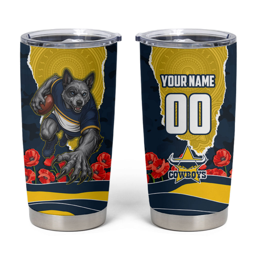 Personalized Cowboys ANZAC Tribute Tumbler Cup Poppy Field Soldier Silhouette Aboriginal Rugby Mascot