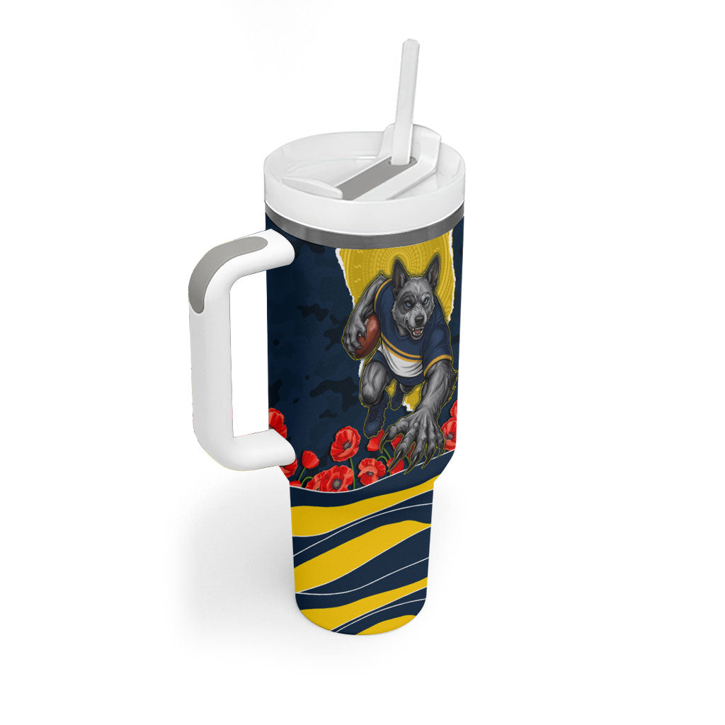 Personalized Cowboys ANZAC Tribute Tumbler With Handle Poppy Field Soldier Silhouette Aboriginal Rugby Mascot