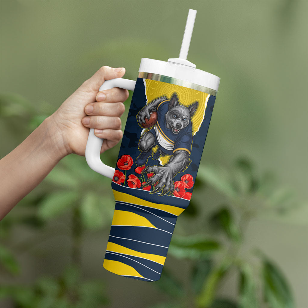 Personalized Cowboys ANZAC Tribute Tumbler With Handle Poppy Field Soldier Silhouette Aboriginal Rugby Mascot