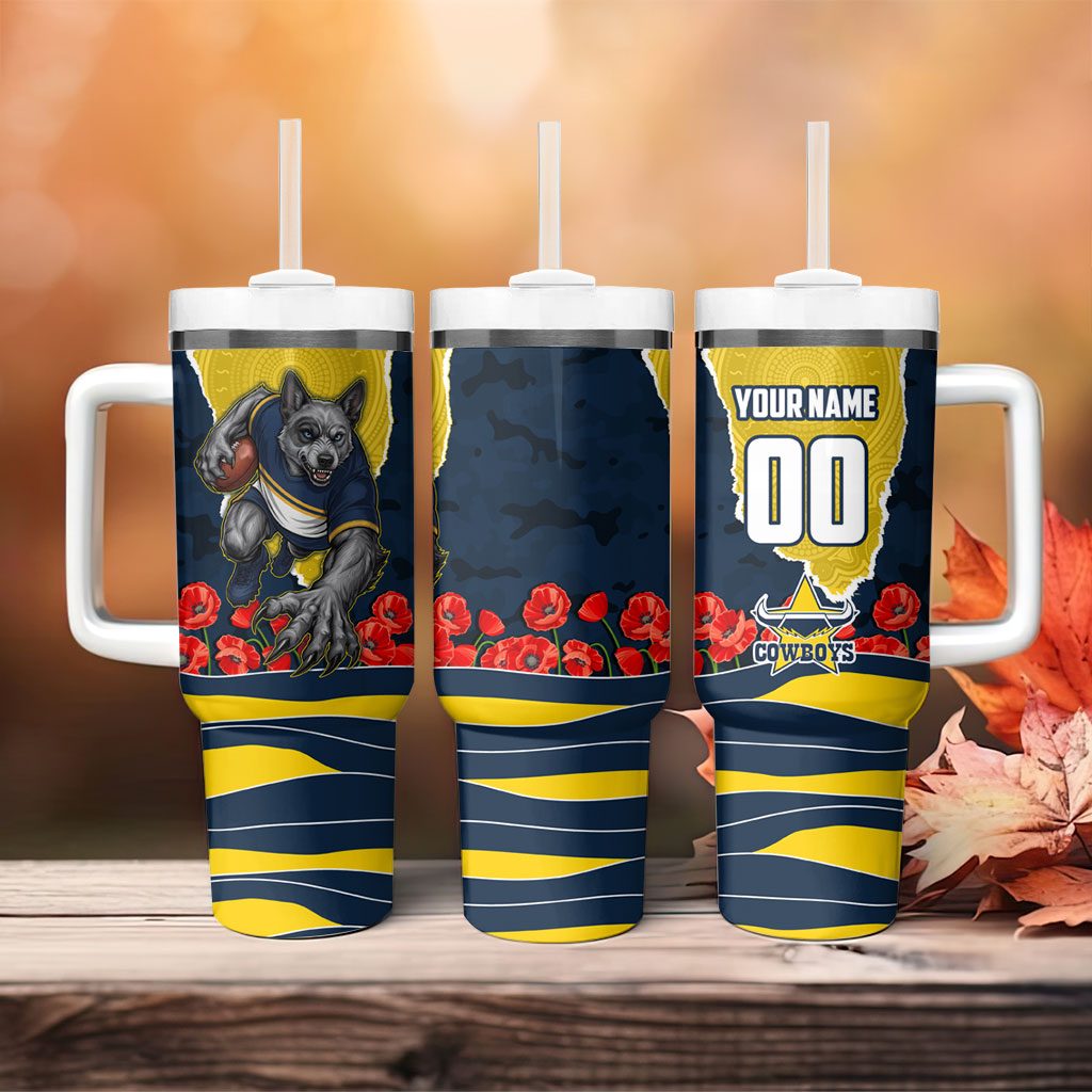 Personalized Cowboys ANZAC Tribute Tumbler With Handle Poppy Field Soldier Silhouette Aboriginal Rugby Mascot