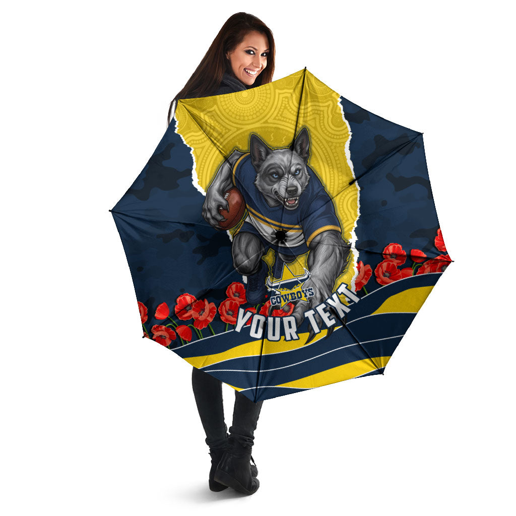 Personalized Cowboys ANZAC Tribute Umbrella Poppy Field Soldier Silhouette Aboriginal Rugby Mascot