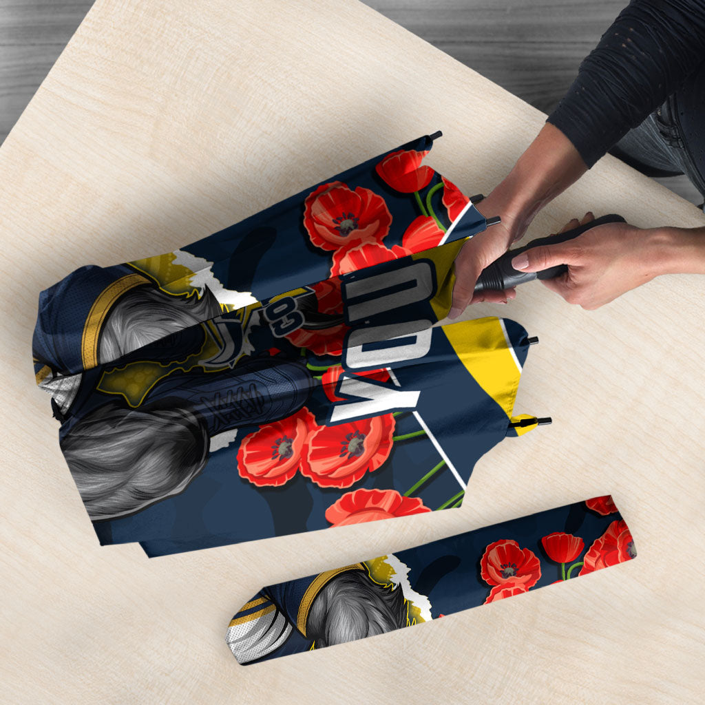 Personalized Cowboys ANZAC Tribute Umbrella Poppy Field Soldier Silhouette Aboriginal Rugby Mascot