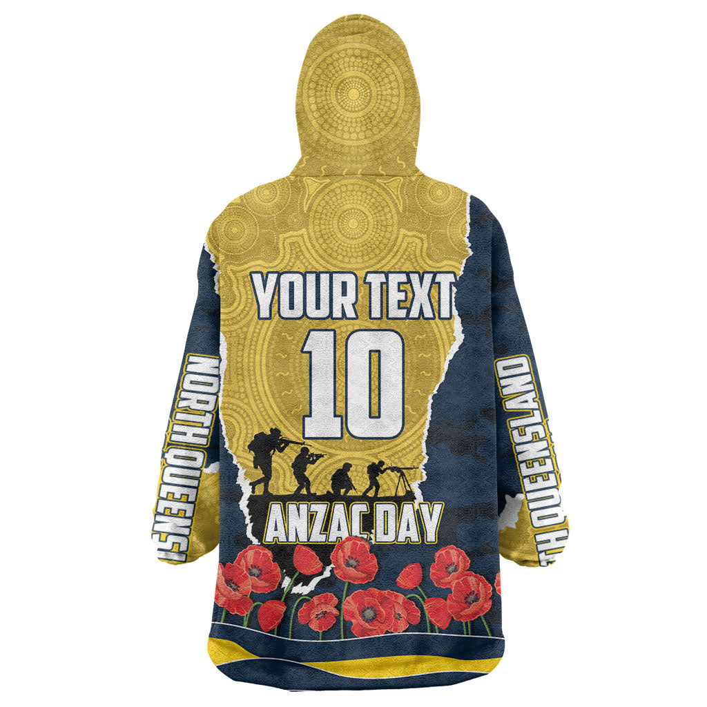 Personalized Cowboys ANZAC Tribute Wearable Blanket Hoodie Poppy Field Soldier Silhouette Aboriginal Rugby Mascot