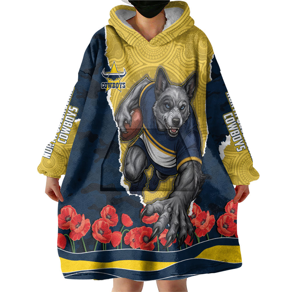 Personalized Cowboys ANZAC Tribute Wearable Blanket Hoodie Poppy Field Soldier Silhouette Aboriginal Rugby Mascot