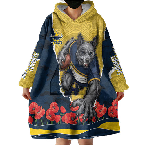 Personalized Cowboys ANZAC Tribute Wearable Blanket Hoodie Poppy Field Soldier Silhouette Aboriginal Rugby Mascot