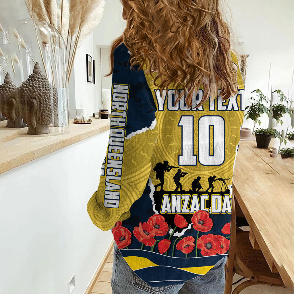 Personalized Cowboys ANZAC Tribute Women Casual Shirt Poppy Field Soldier Silhouette Aboriginal Rugby Mascot