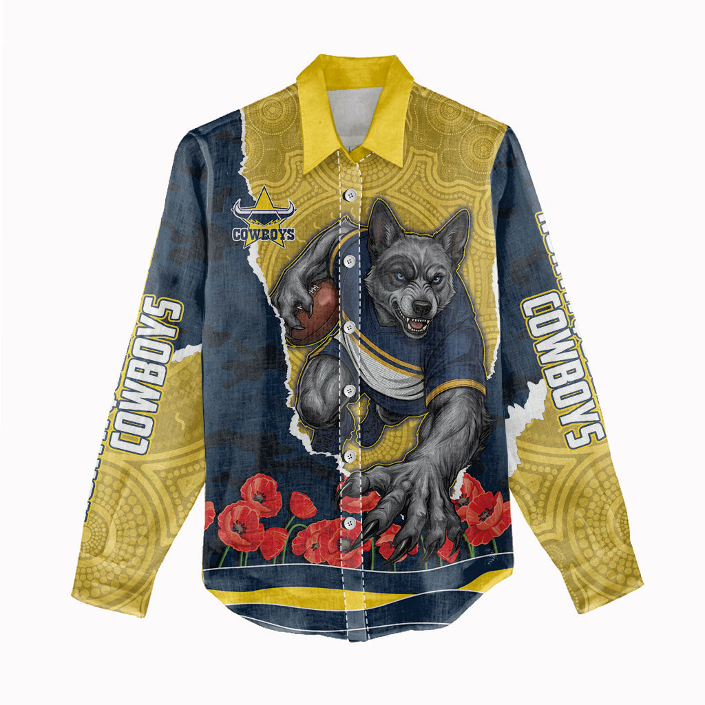Personalized Cowboys ANZAC Tribute Women Casual Shirt Poppy Field Soldier Silhouette Aboriginal Rugby Mascot