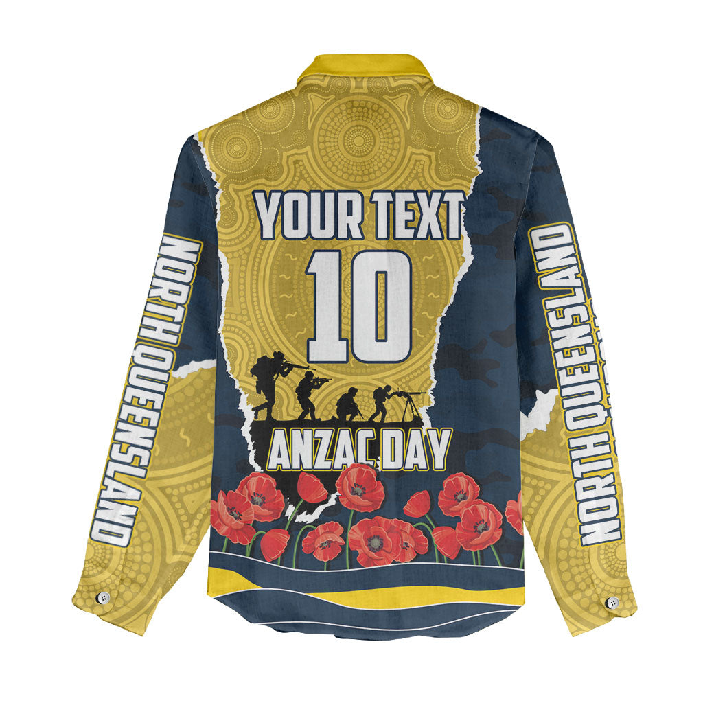 Personalized Cowboys ANZAC Tribute Women Casual Shirt Poppy Field Soldier Silhouette Aboriginal Rugby Mascot