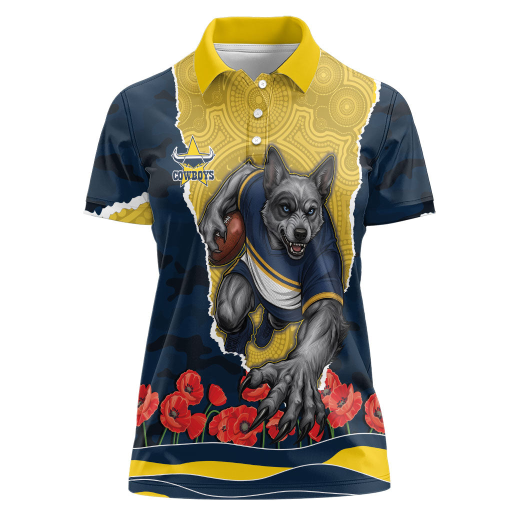 Personalized Cowboys ANZAC Tribute Women Polo Shirt Poppy Field Soldier Silhouette Aboriginal Rugby Mascot
