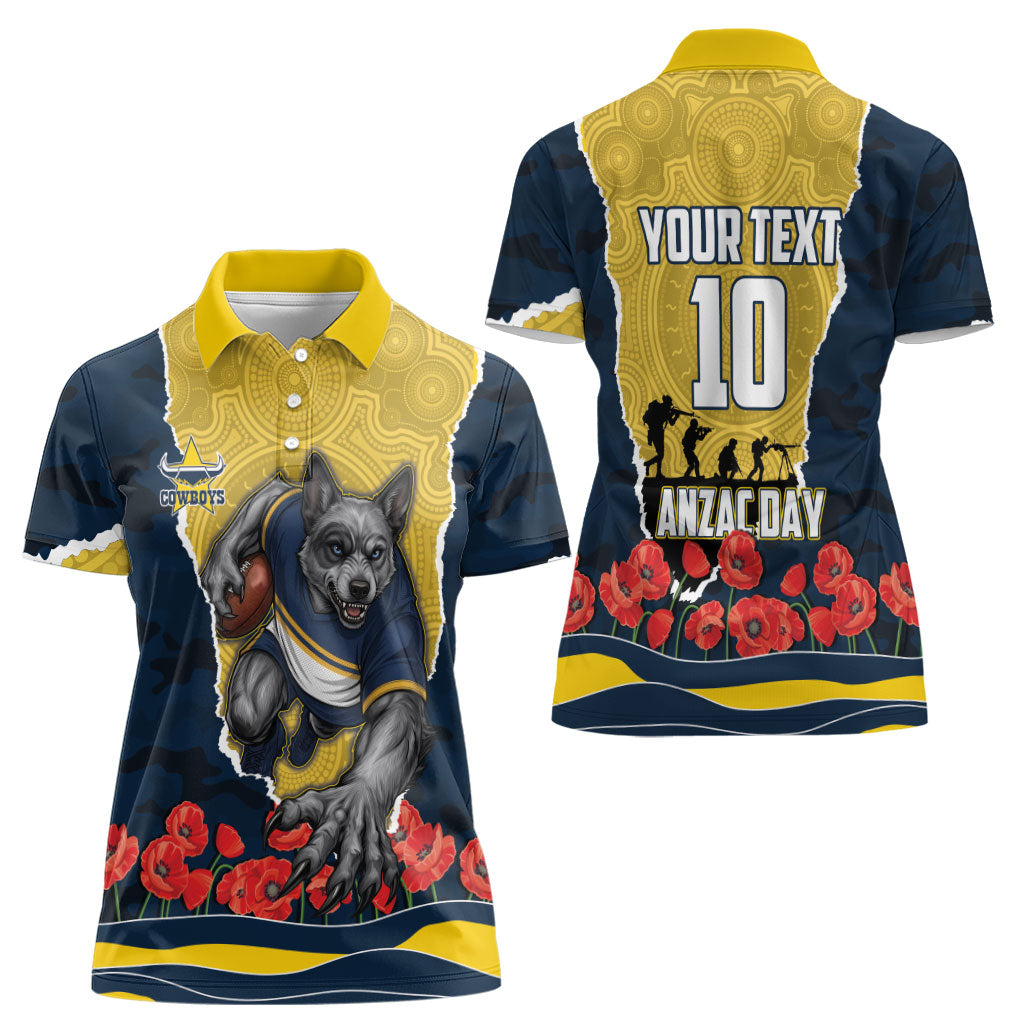 Personalized Cowboys ANZAC Tribute Women Polo Shirt Poppy Field Soldier Silhouette Aboriginal Rugby Mascot
