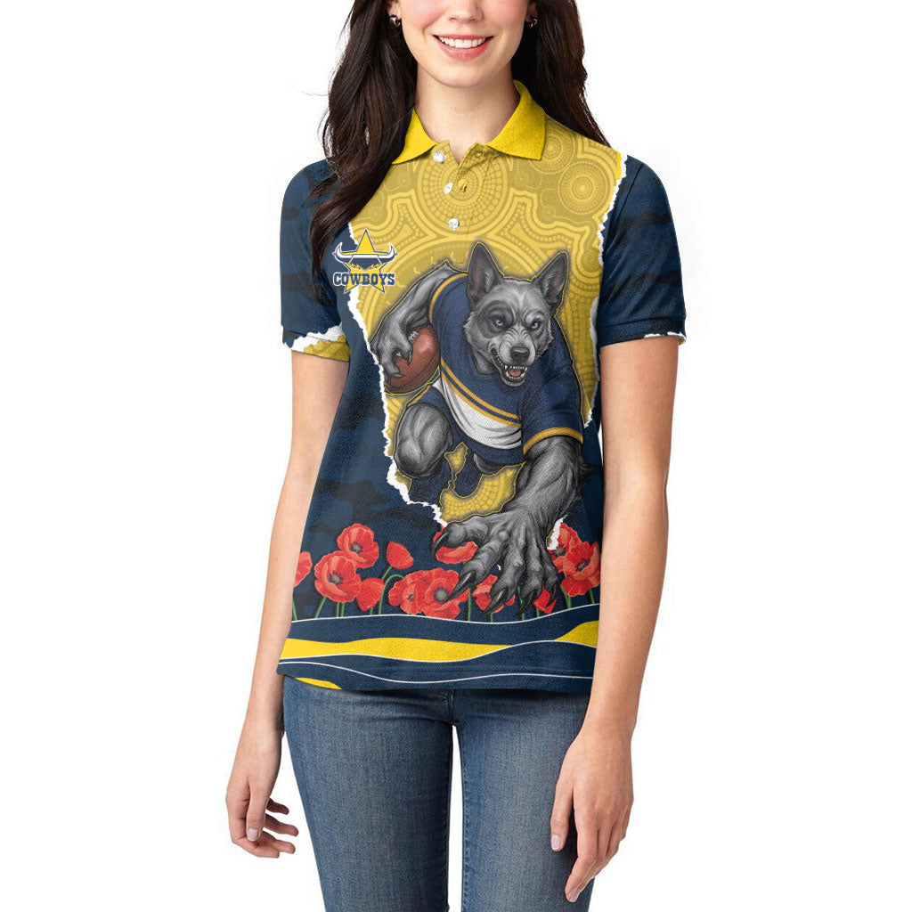 Personalized Cowboys ANZAC Tribute Women Polo Shirt Poppy Field Soldier Silhouette Aboriginal Rugby Mascot