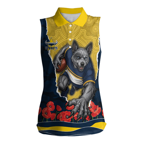 Personalized Cowboys ANZAC Tribute Women Sleeveless Polo Shirt Poppy Field Soldier Silhouette Aboriginal Rugby Mascot