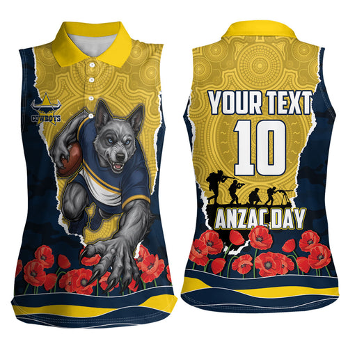 Personalized Cowboys ANZAC Tribute Women Sleeveless Polo Shirt Poppy Field Soldier Silhouette Aboriginal Rugby Mascot