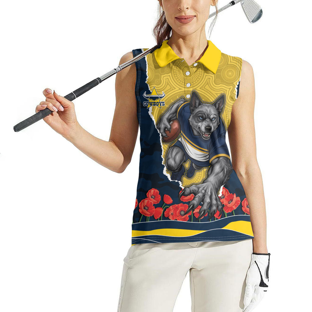 Personalized Cowboys ANZAC Tribute Women Sleeveless Polo Shirt Poppy Field Soldier Silhouette Aboriginal Rugby Mascot