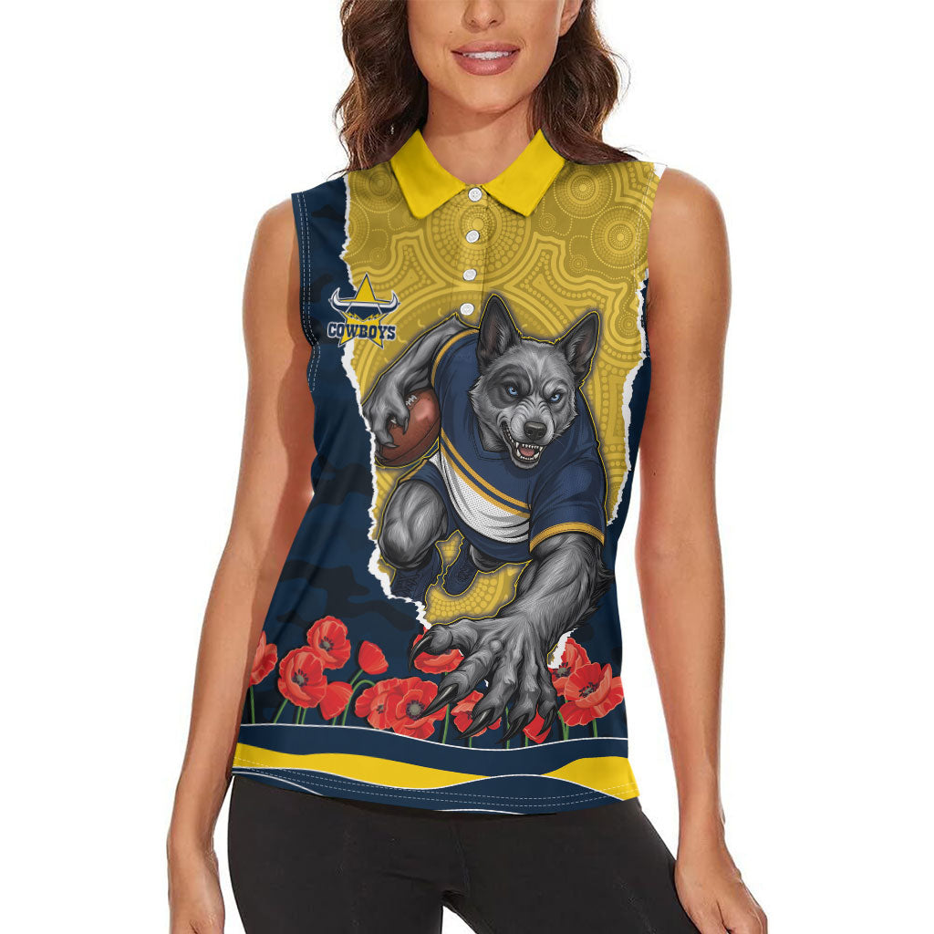 Personalized Cowboys ANZAC Tribute Women Sleeveless Polo Shirt Poppy Field Soldier Silhouette Aboriginal Rugby Mascot