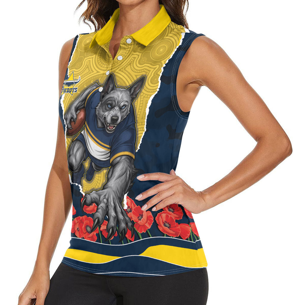 Personalized Cowboys ANZAC Tribute Women Sleeveless Polo Shirt Poppy Field Soldier Silhouette Aboriginal Rugby Mascot