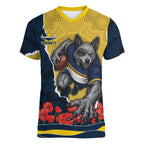 Personalized Cowboys ANZAC Tribute Women V-Neck T-Shirt Poppy Field Soldier Silhouette Aboriginal Rugby Mascot