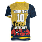 Personalized Cowboys ANZAC Tribute Women V-Neck T-Shirt Poppy Field Soldier Silhouette Aboriginal Rugby Mascot