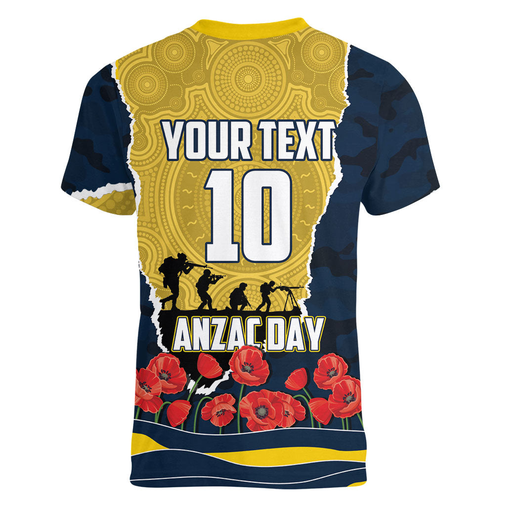 Personalized Cowboys ANZAC Tribute Women V-Neck T-Shirt Poppy Field Soldier Silhouette Aboriginal Rugby Mascot