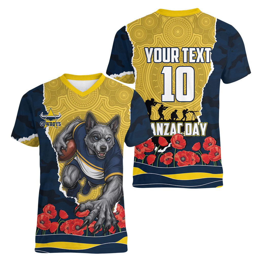 Personalized Cowboys ANZAC Tribute Women V-Neck T-Shirt Poppy Field Soldier Silhouette Aboriginal Rugby Mascot