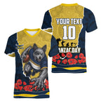 Personalized Cowboys ANZAC Tribute Women V-Neck T-Shirt Poppy Field Soldier Silhouette Aboriginal Rugby Mascot
