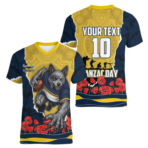 Personalized Cowboys ANZAC Tribute Women V-Neck T-Shirt Poppy Field Soldier Silhouette Aboriginal Rugby Mascot