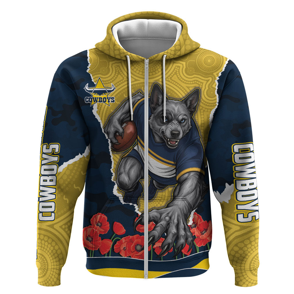 Personalized Cowboys ANZAC Tribute Zip Hoodie Poppy Field Soldier Silhouette Aboriginal Rugby Mascot