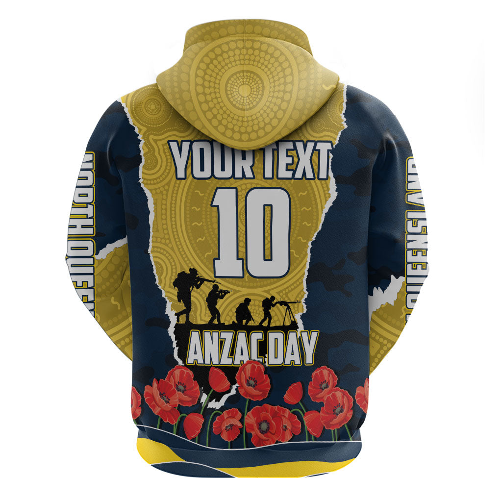 Personalized Cowboys ANZAC Tribute Zip Hoodie Poppy Field Soldier Silhouette Aboriginal Rugby Mascot
