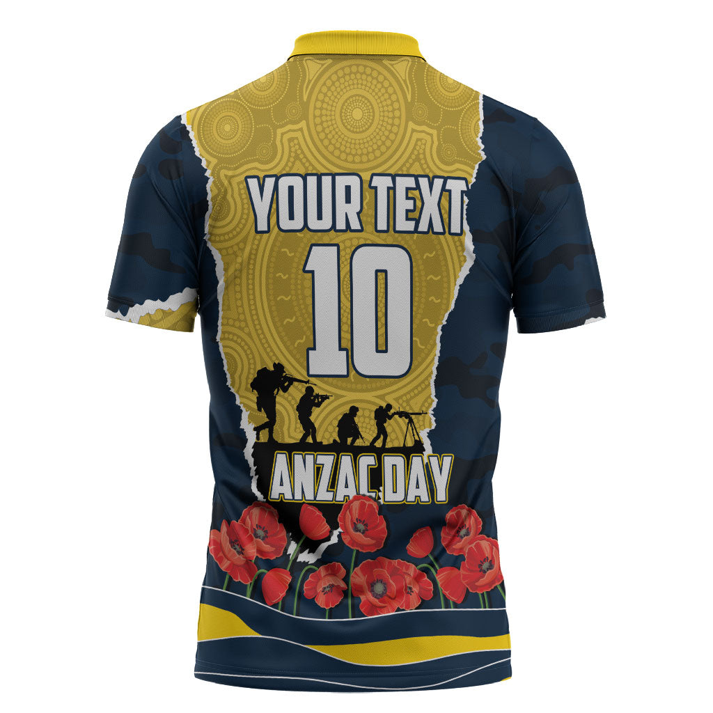 Personalized Cowboys ANZAC Tribute Zipper Polo Shirt Poppy Field Soldier Silhouette Aboriginal Rugby Mascot