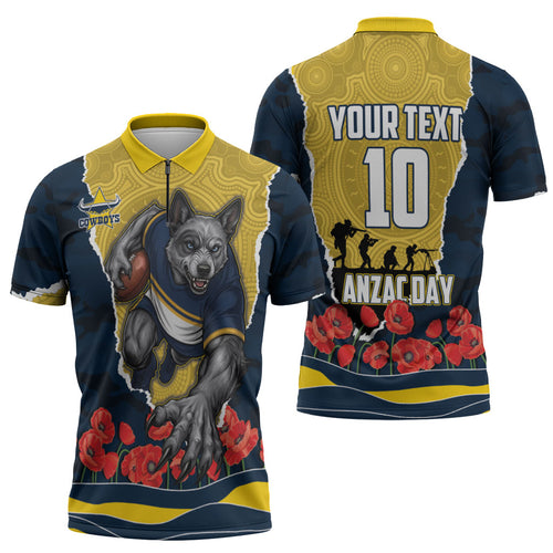 Personalized Cowboys ANZAC Tribute Zipper Polo Shirt Poppy Field Soldier Silhouette Aboriginal Rugby Mascot
