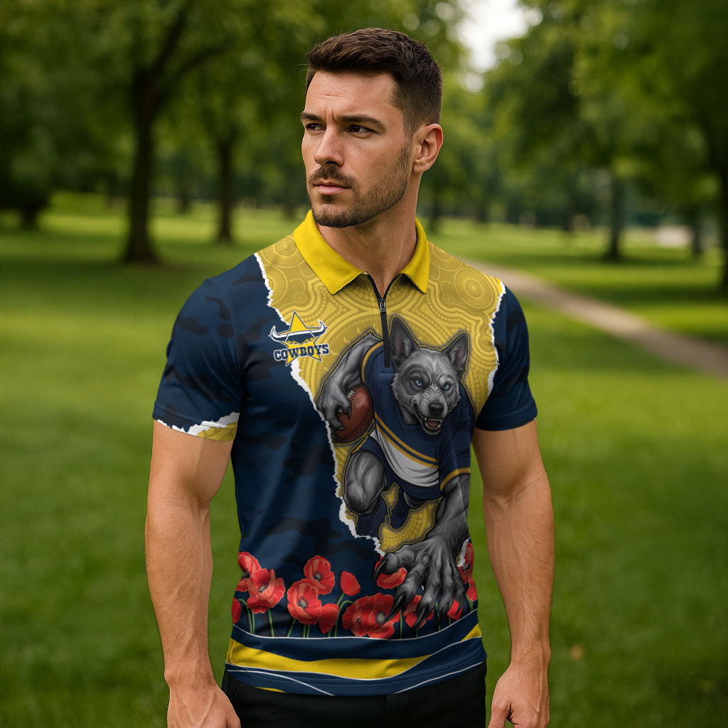 Personalized Cowboys ANZAC Tribute Zipper Polo Shirt Poppy Field Soldier Silhouette Aboriginal Rugby Mascot