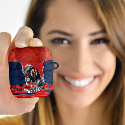 Personalized Sydney Roosters ANZAC Tribute AirPods Case Poppy Field Soldier Silhouette Aboriginal Rugby Mascot