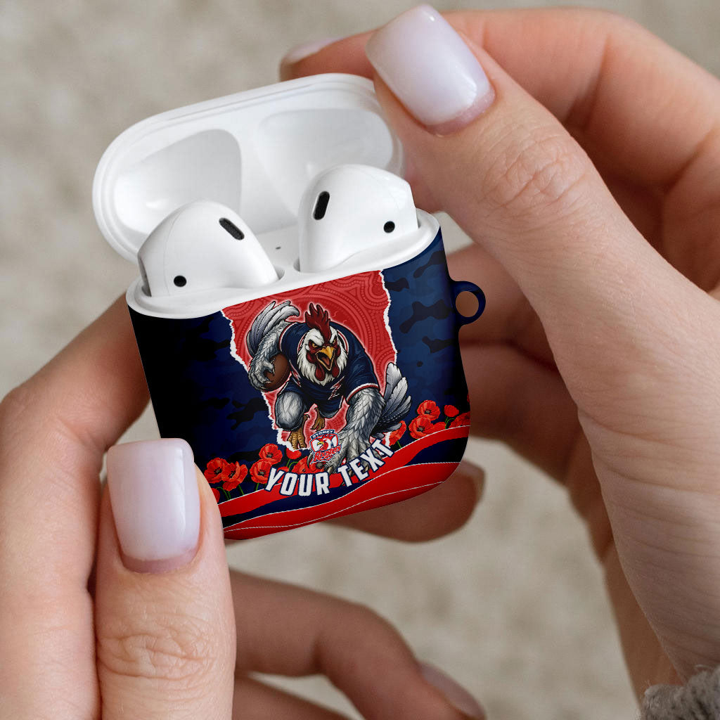 Personalized Sydney Roosters ANZAC Tribute AirPods Case Poppy Field Soldier Silhouette Aboriginal Rugby Mascot