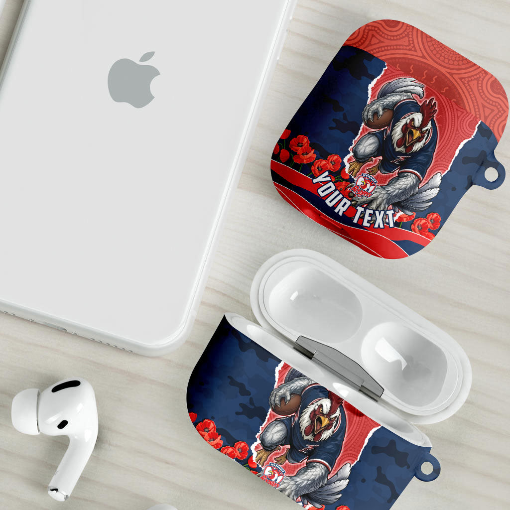 Personalized Sydney Roosters ANZAC Tribute AirPods Case Poppy Field Soldier Silhouette Aboriginal Rugby Mascot