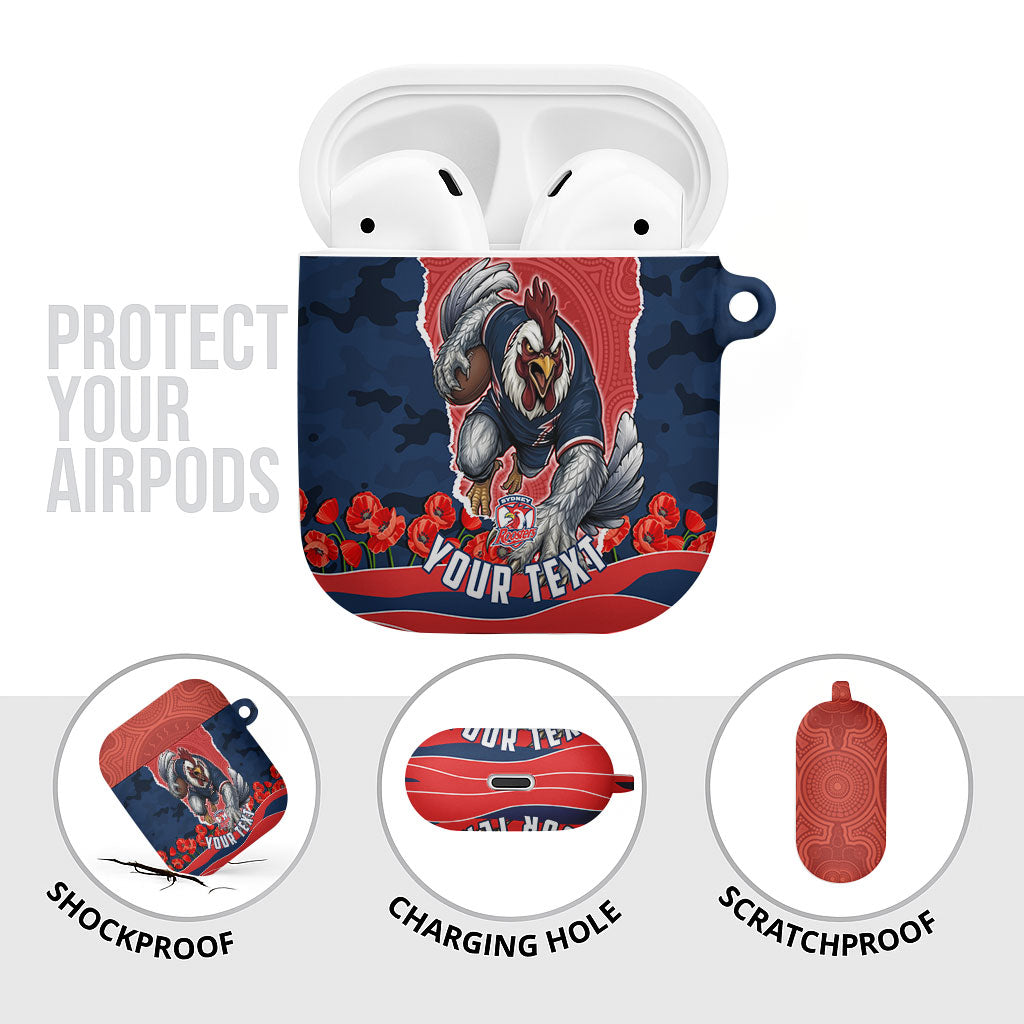 Personalized Sydney Roosters ANZAC Tribute AirPods Case Poppy Field Soldier Silhouette Aboriginal Rugby Mascot