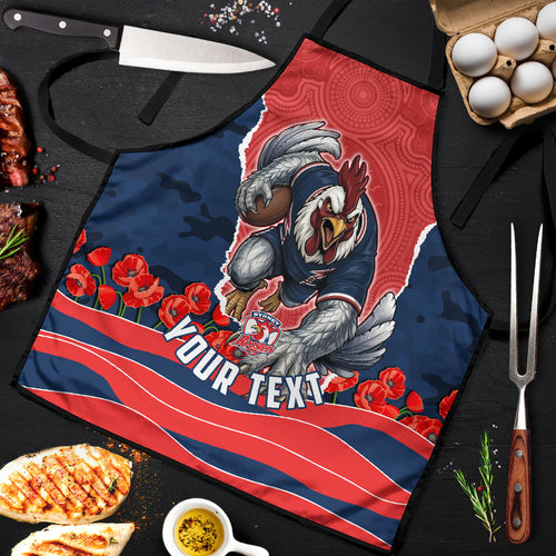 Personalized Sydney Roosters ANZAC Tribute Apron Poppy Field Soldier Silhouette Aboriginal Rugby Mascot