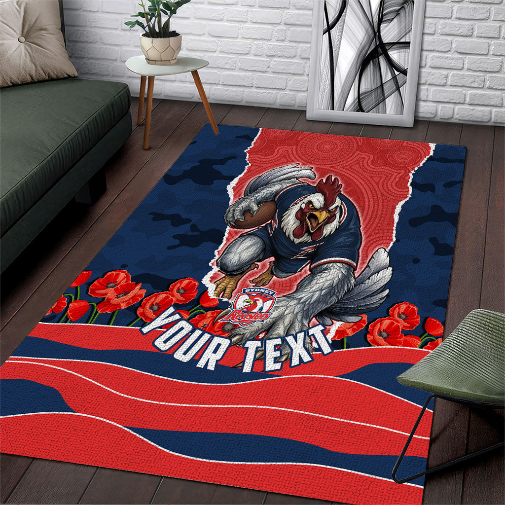 Personalized Sydney Roosters ANZAC Tribute Area Rug Poppy Field Soldier Silhouette Aboriginal Rugby Mascot