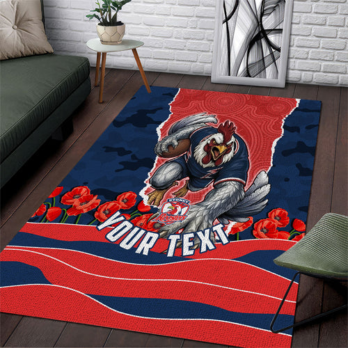 Personalized Sydney Roosters ANZAC Tribute Area Rug Poppy Field Soldier Silhouette Aboriginal Rugby Mascot
