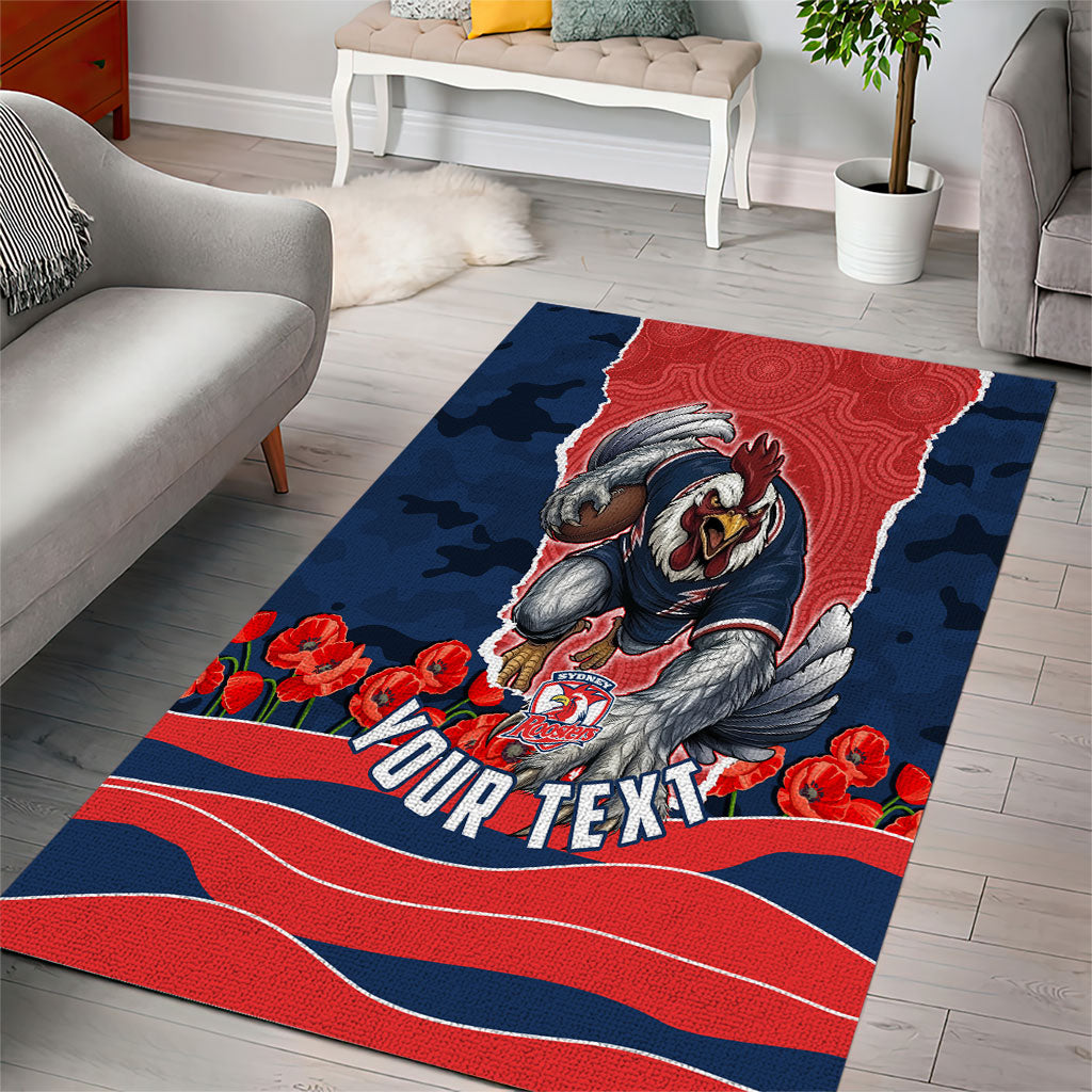 Personalized Sydney Roosters ANZAC Tribute Area Rug Poppy Field Soldier Silhouette Aboriginal Rugby Mascot