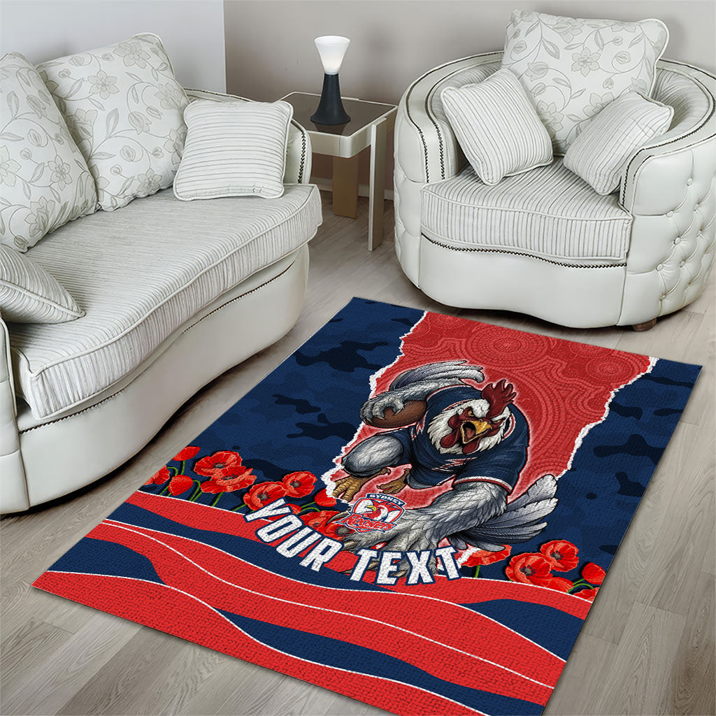 Personalized Sydney Roosters ANZAC Tribute Area Rug Poppy Field Soldier Silhouette Aboriginal Rugby Mascot
