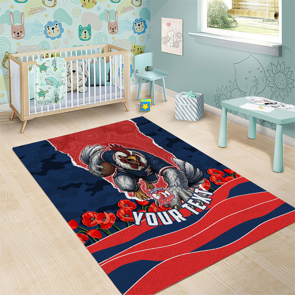 Personalized Sydney Roosters ANZAC Tribute Area Rug Poppy Field Soldier Silhouette Aboriginal Rugby Mascot