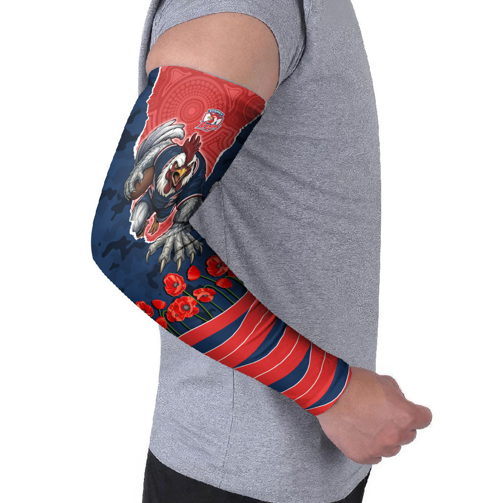 Personalized Sydney Roosters ANZAC Tribute Arm Sleeves Poppy Field Soldier Silhouette Aboriginal Rugby Mascot