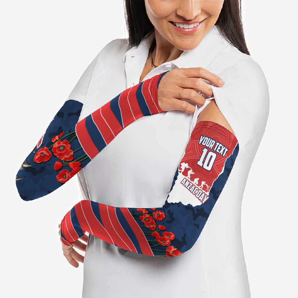Personalized Sydney Roosters ANZAC Tribute Arm Sleeves Poppy Field Soldier Silhouette Aboriginal Rugby Mascot
