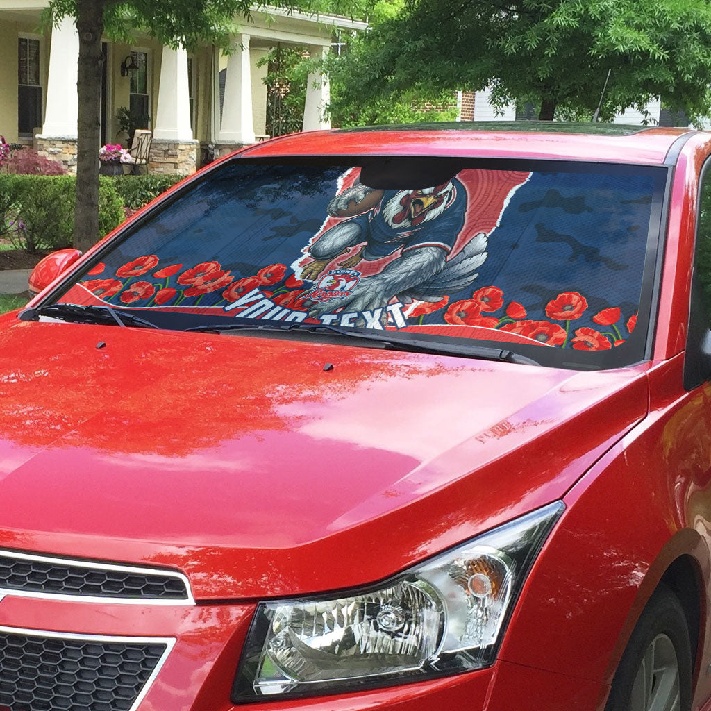 Personalized Sydney Roosters ANZAC Tribute Auto Sun Shade Poppy Field Soldier Silhouette Aboriginal Rugby Mascot