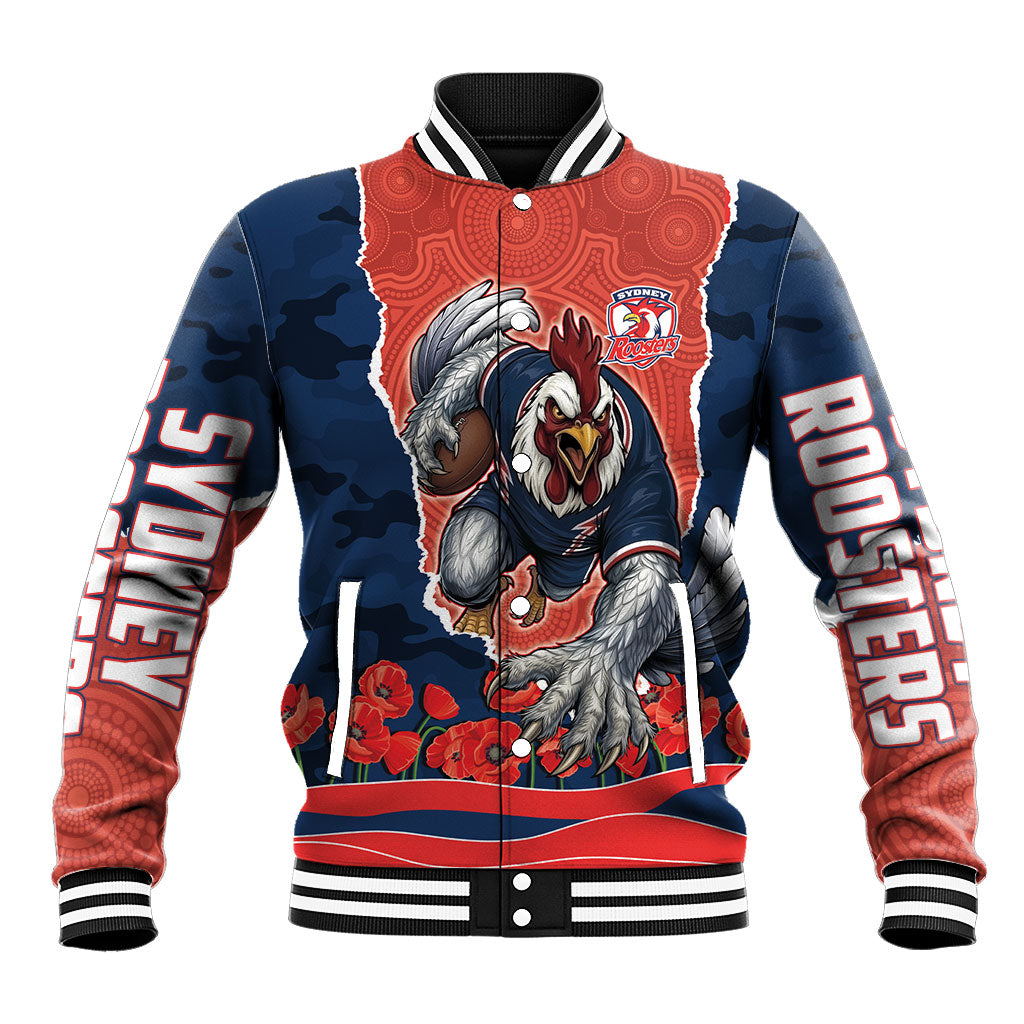 Personalized Sydney Roosters ANZAC Tribute Baseball Jacket Poppy Field Soldier Silhouette Aboriginal Rugby Mascot