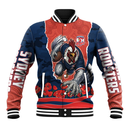 Personalized Sydney Roosters ANZAC Tribute Baseball Jacket Poppy Field Soldier Silhouette Aboriginal Rugby Mascot