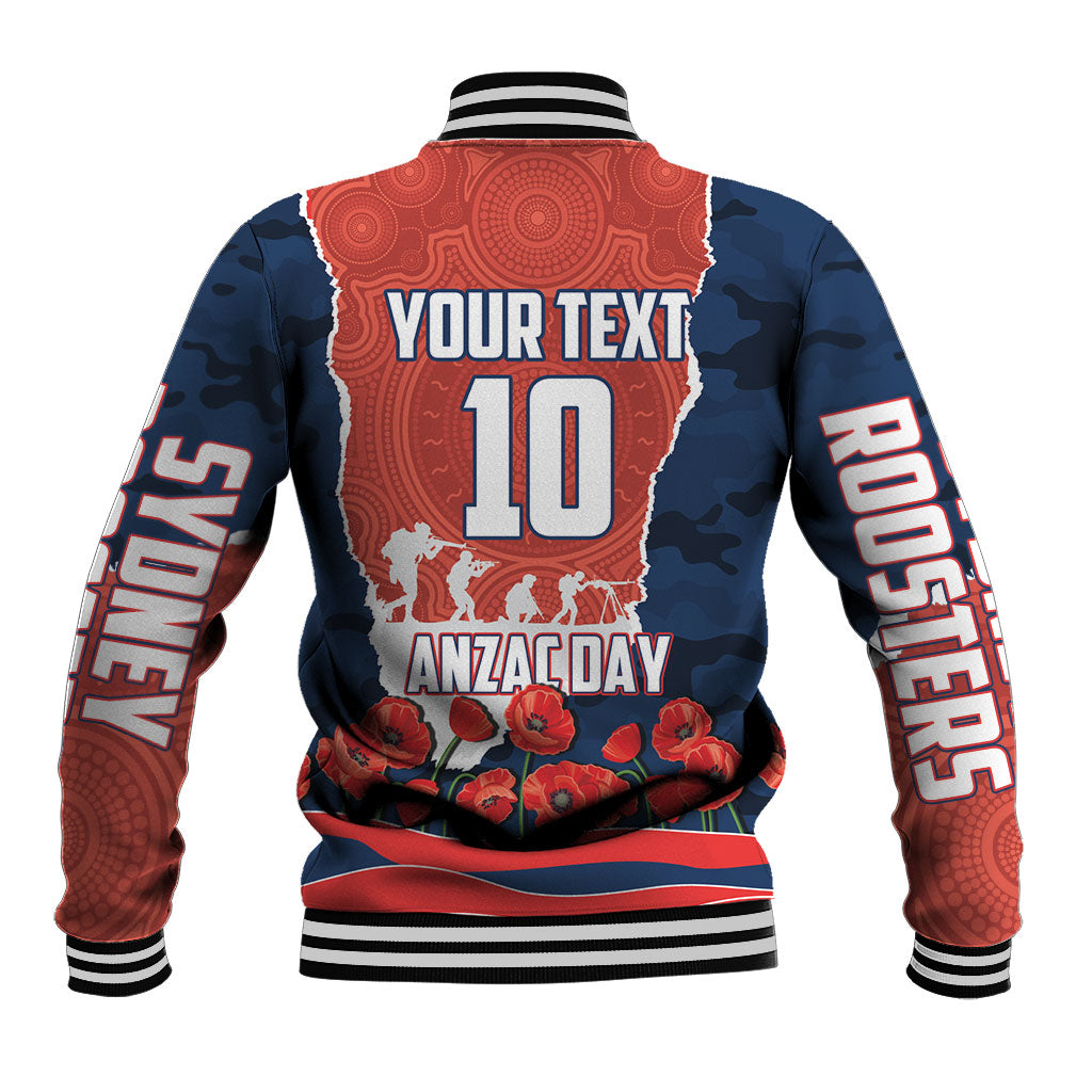 Personalized Sydney Roosters ANZAC Tribute Baseball Jacket Poppy Field Soldier Silhouette Aboriginal Rugby Mascot