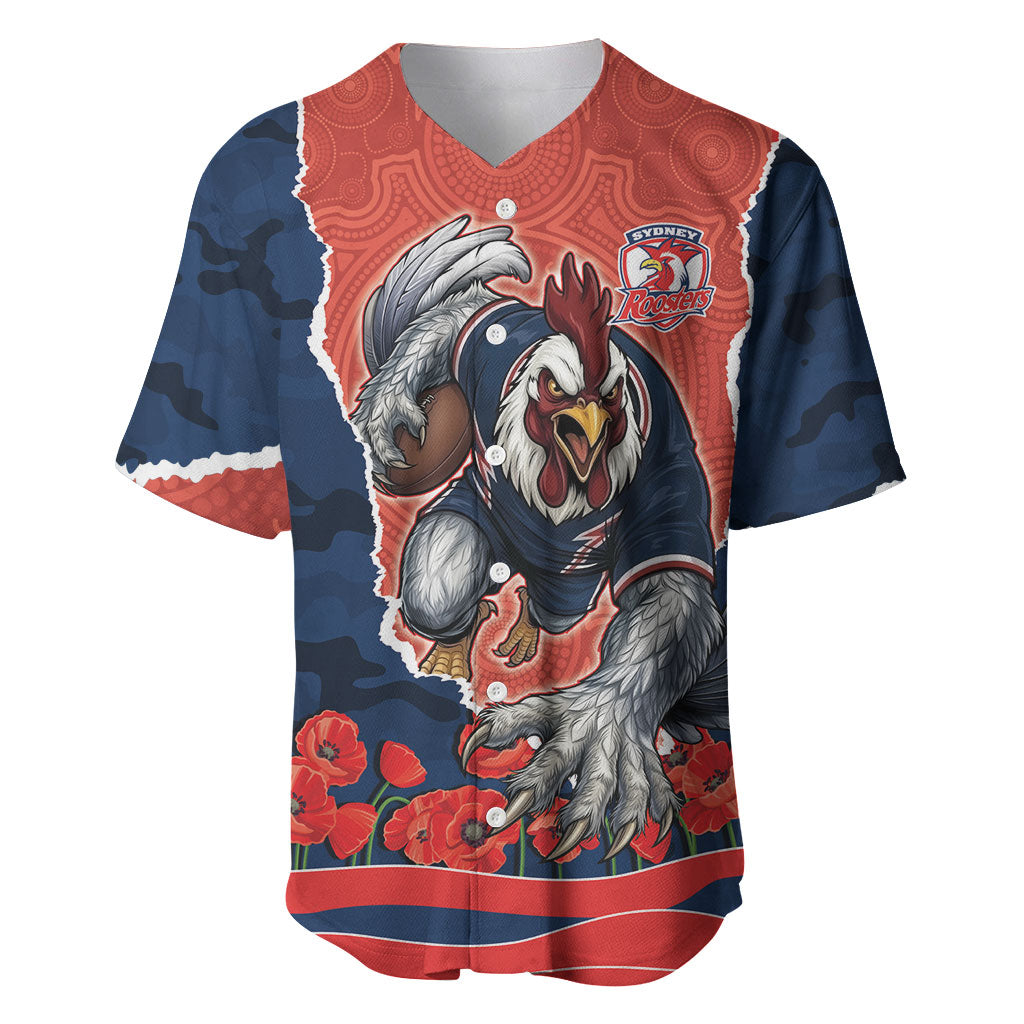 Personalized Sydney Roosters ANZAC Tribute Baseball Jersey Poppy Field Soldier Silhouette Aboriginal Rugby Mascot