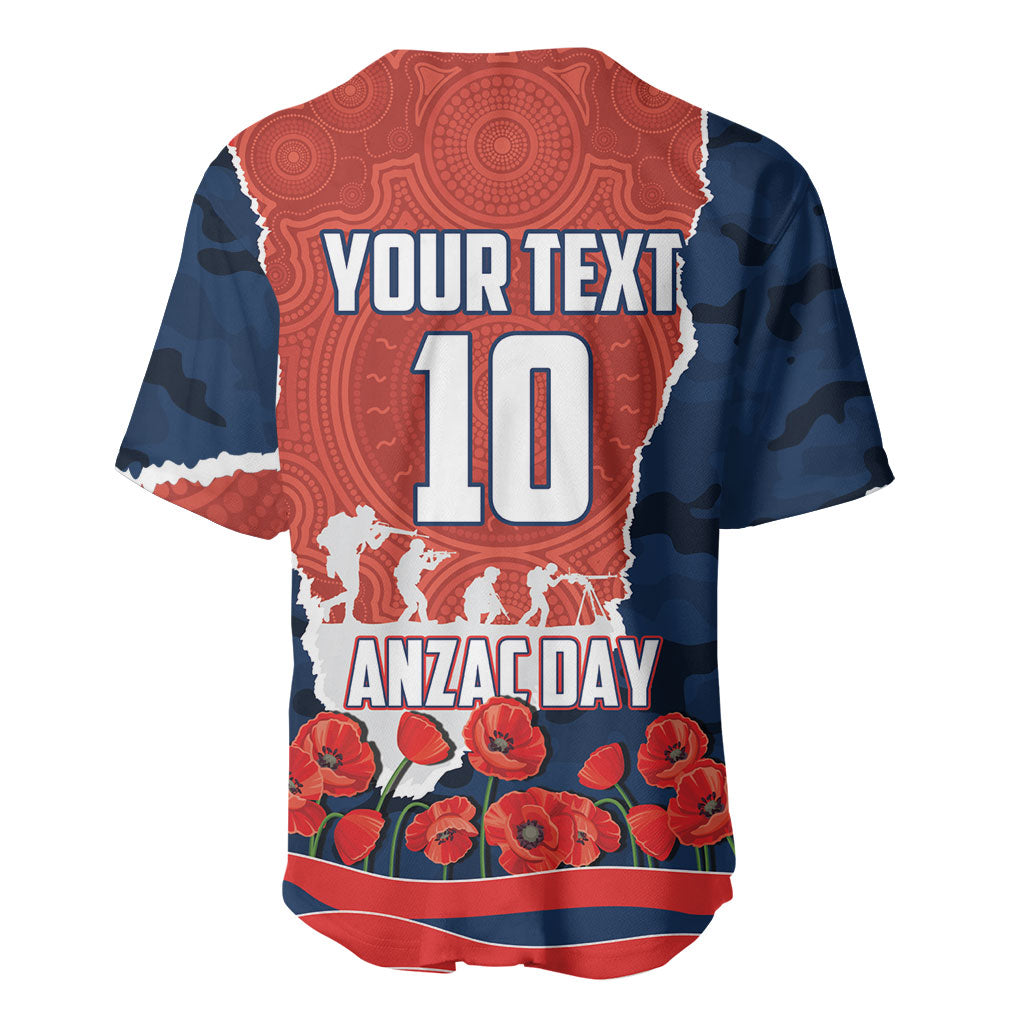 Personalized Sydney Roosters ANZAC Tribute Baseball Jersey Poppy Field Soldier Silhouette Aboriginal Rugby Mascot