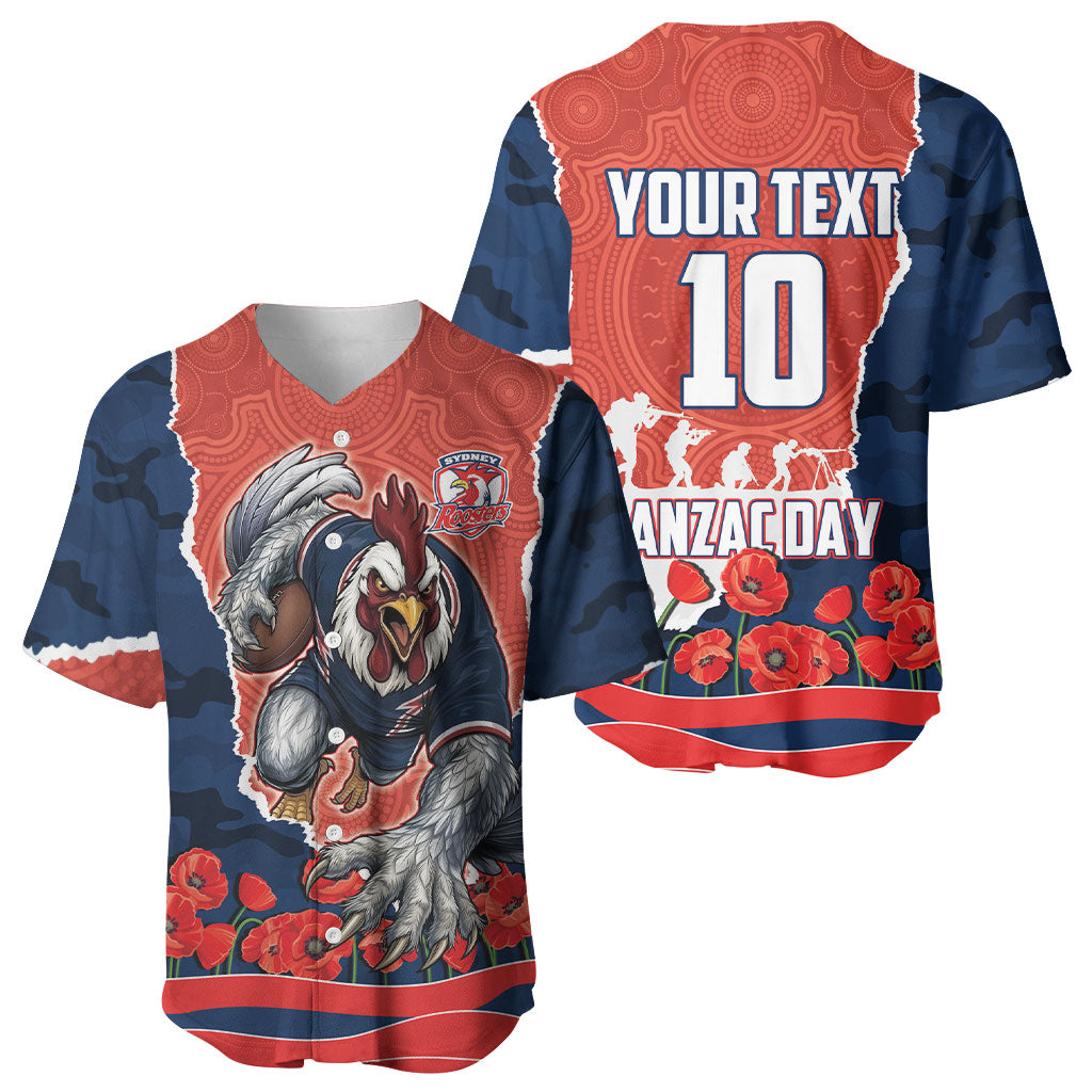 Personalized Sydney Roosters ANZAC Tribute Baseball Jersey Poppy Field Soldier Silhouette Aboriginal Rugby Mascot
